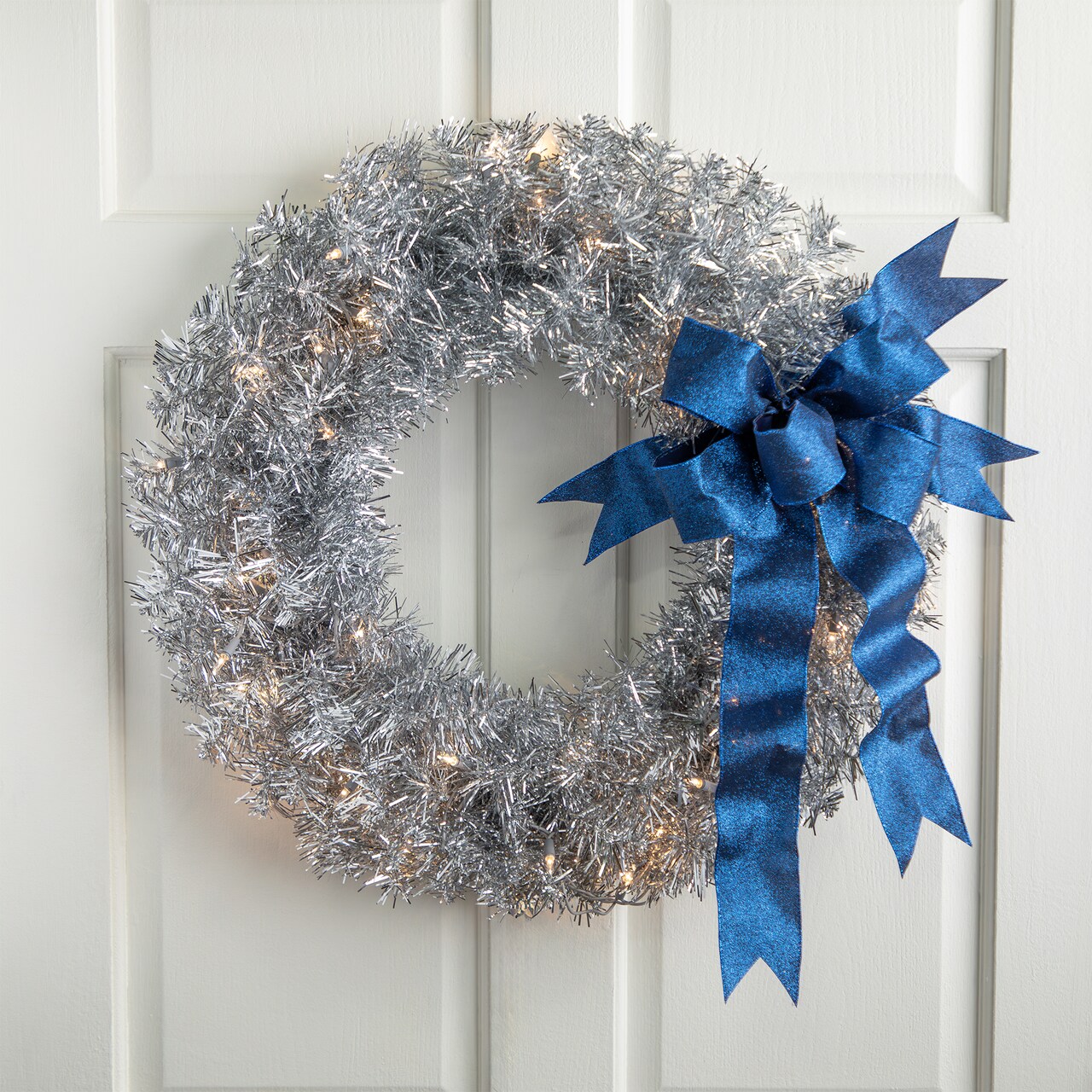 Northlight Pre-Lit Artificial Tinsel Christmas Wreath - 24" - Silver - Clear Lights